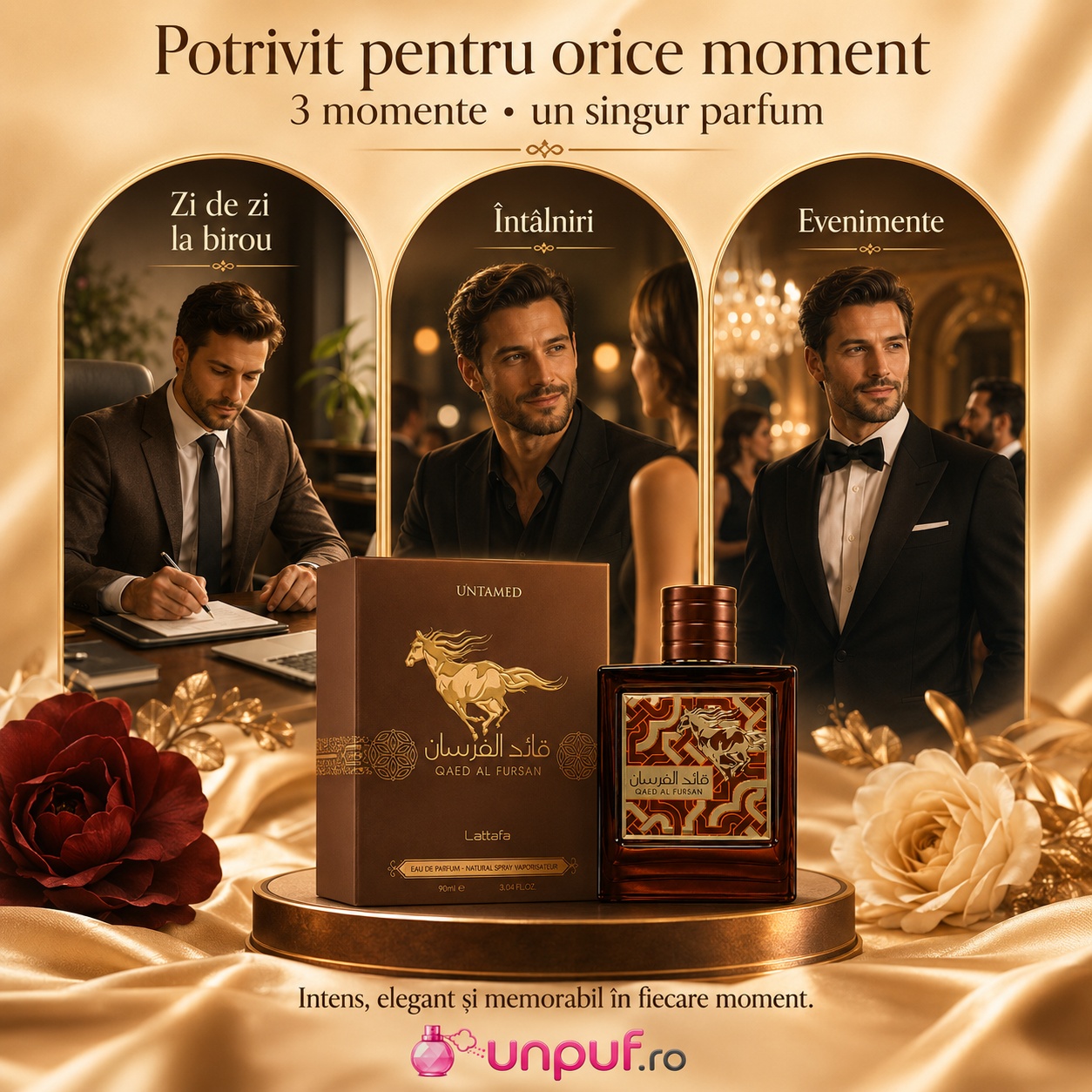 Parfum Qaed Al Fursan Untamed Lattafa potrivit pentru zi de zi la birou, &icirc;nt&acirc;lniri și evenimente elegante