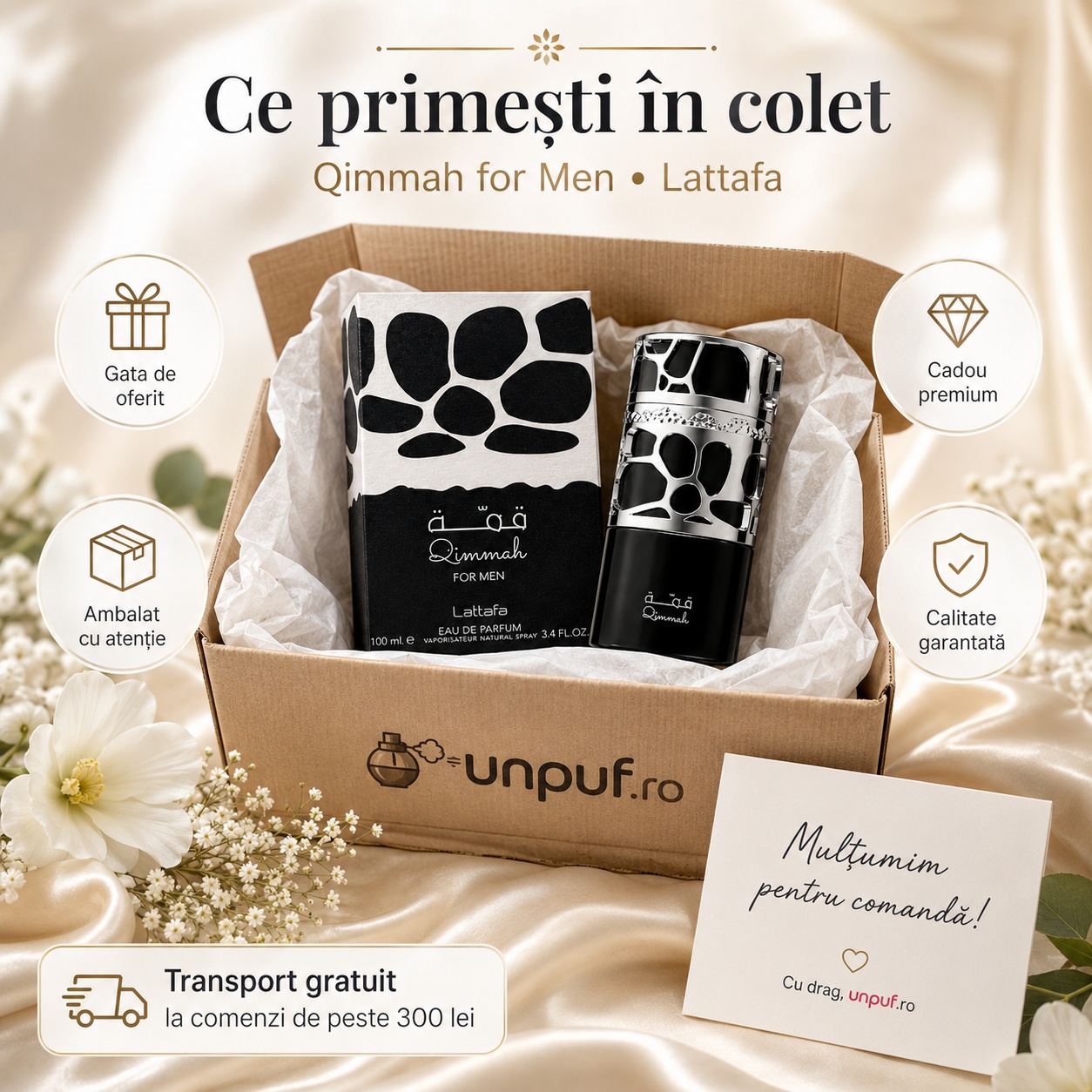 Ce primești &icirc;n colet Qimmah For Men Lattafa 100 ml parfum bărbat ambalat cu atenție cadou premium