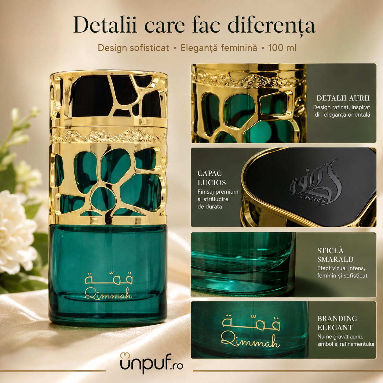 Detalii parfum Qimmah For Women Lattafa design sofisticat sticlă smarald capac lucios și branding auriu