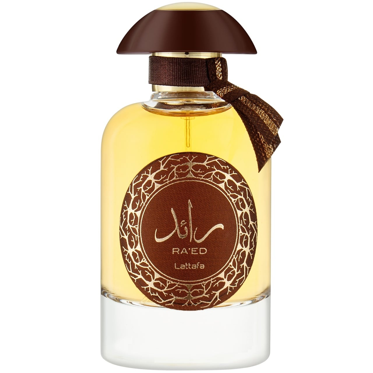 Flacon Ra'Ed Oud Lattafa 100 ml cu lichid auriu, etichetă maro și capac brun premium