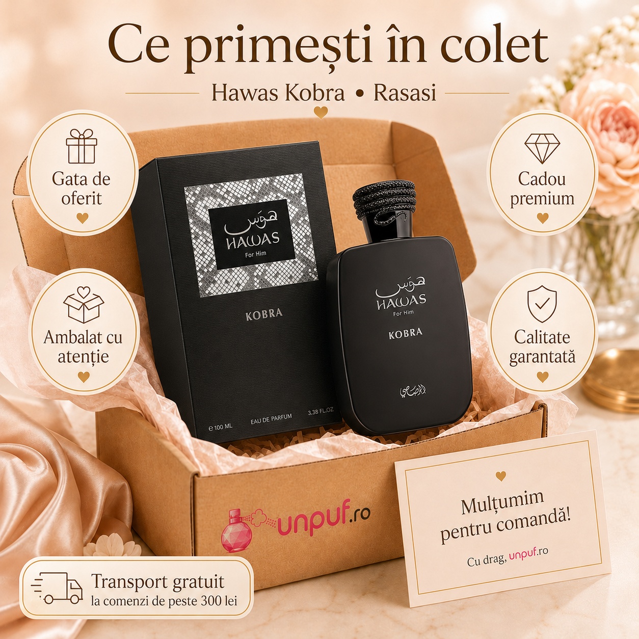 Ce primești în colet Rasasi Hawas Kobra 100 ml, parfum original ambalat premium și pregătit pentru cadou