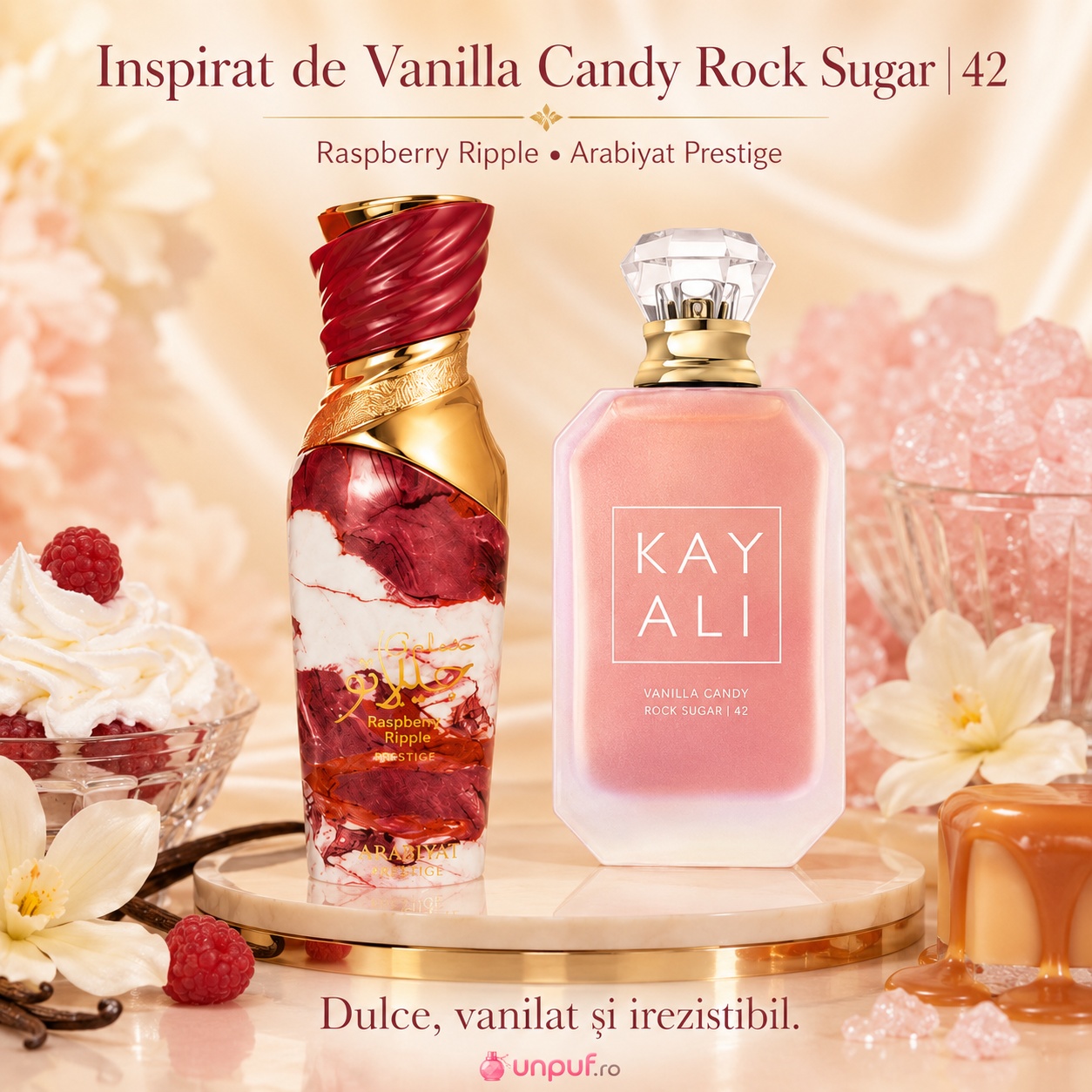 Raspberry Ripple inspirat din Vanilla Candy Rock Sugar 42 Kayali Fragrances parfum dulce fructat și gourmand