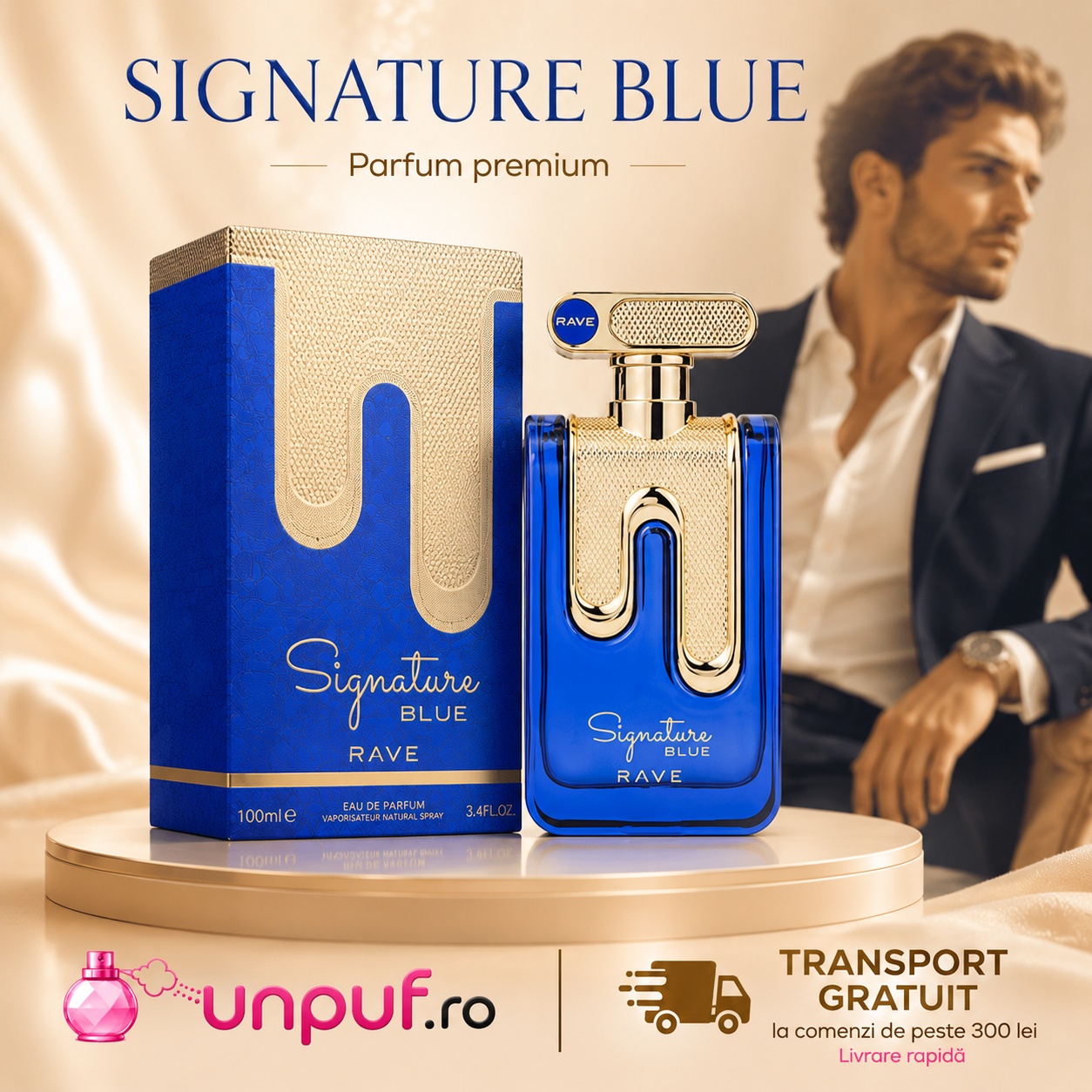 Rave Signature Blue parfum premium pentru bărbați, ambalaj albastru și auriu, transport gratuit la comenzi eligibile