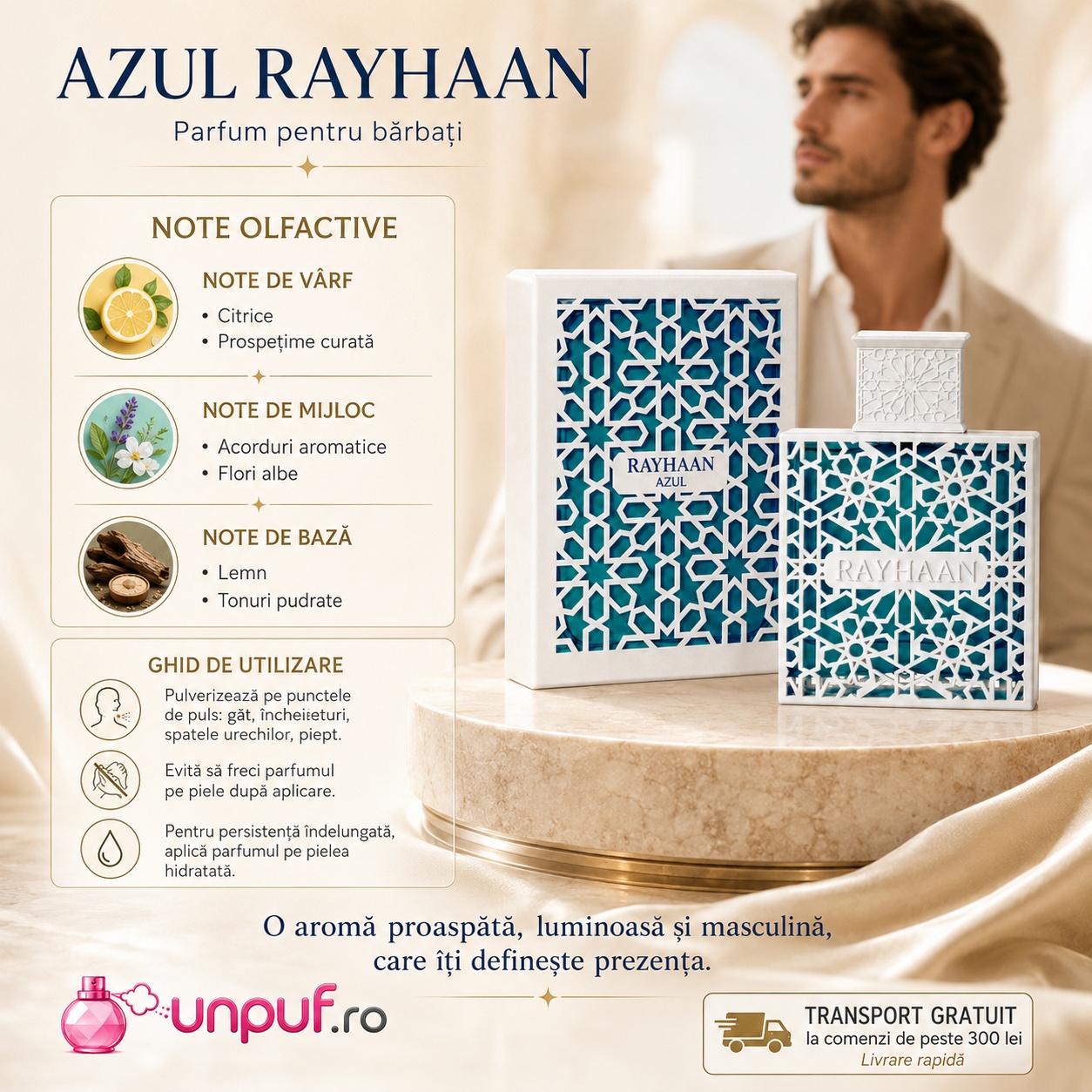 Rayhaan Azul note olfactive și ghid de utilizare cu citrice luminoase, prospețime curată, flori albe, lemn și tonuri pudrate