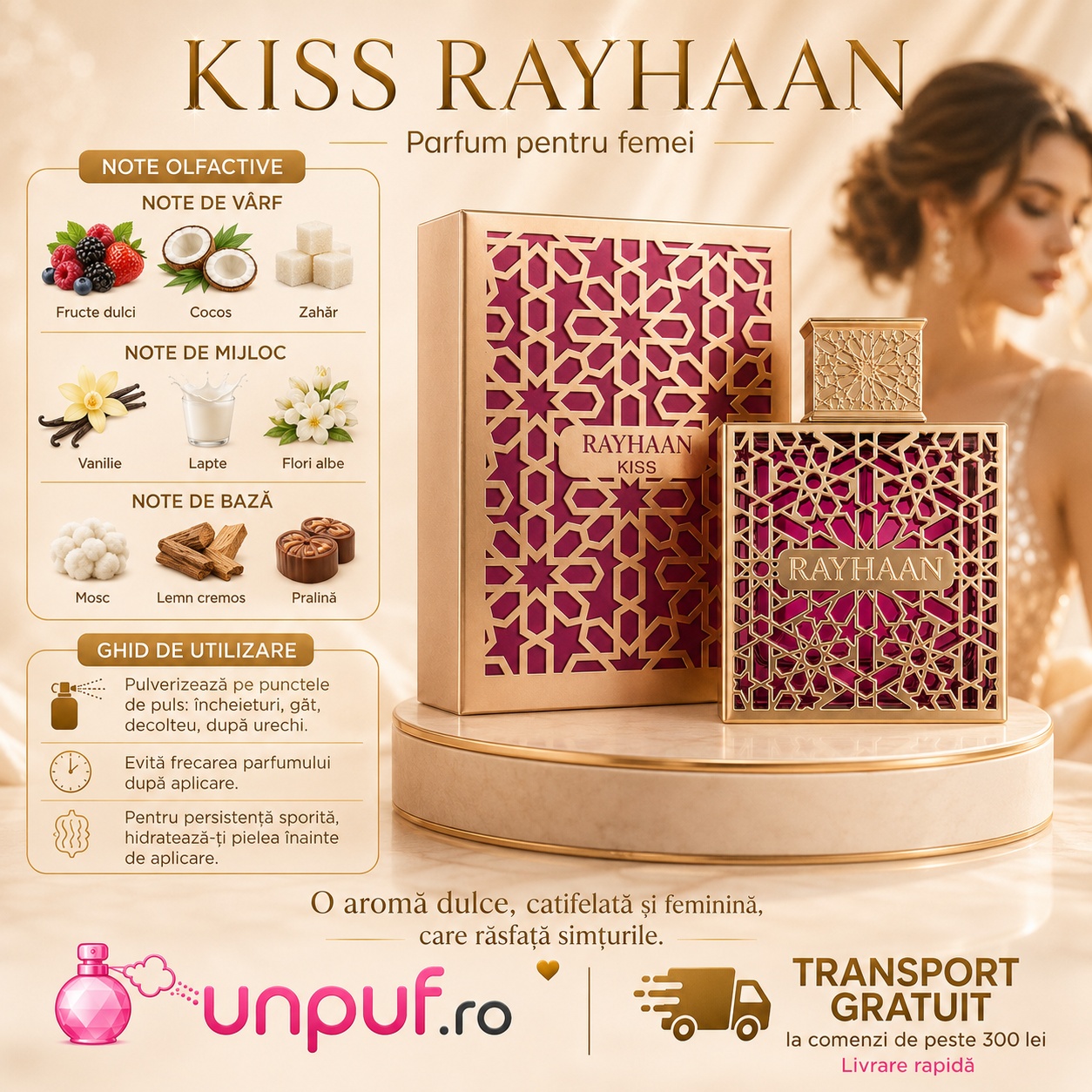 Rayhaan Kiss parfum pentru femei cu note de fructe dulci, cocos, vanilie, lapte, flori albe, mosc și pralină