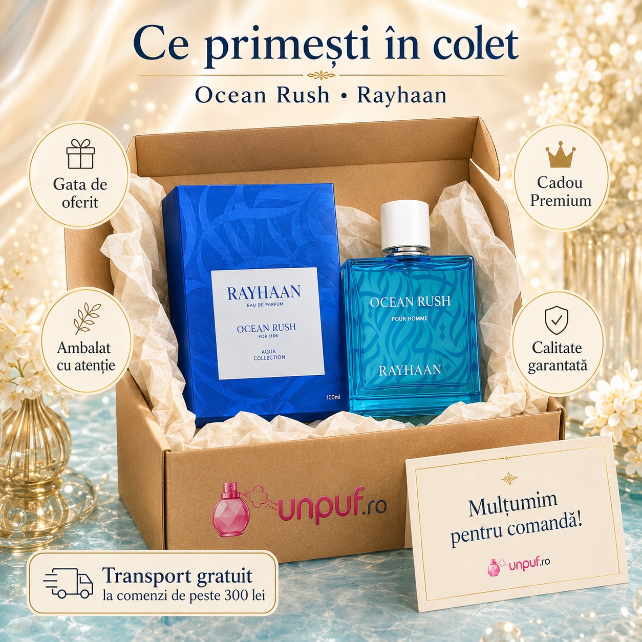 Ce primești &icirc;n colet Rayhaan Ocean Rush Men parfum arabesc bărbătesc ambalat cu atenție de unpuf.ro