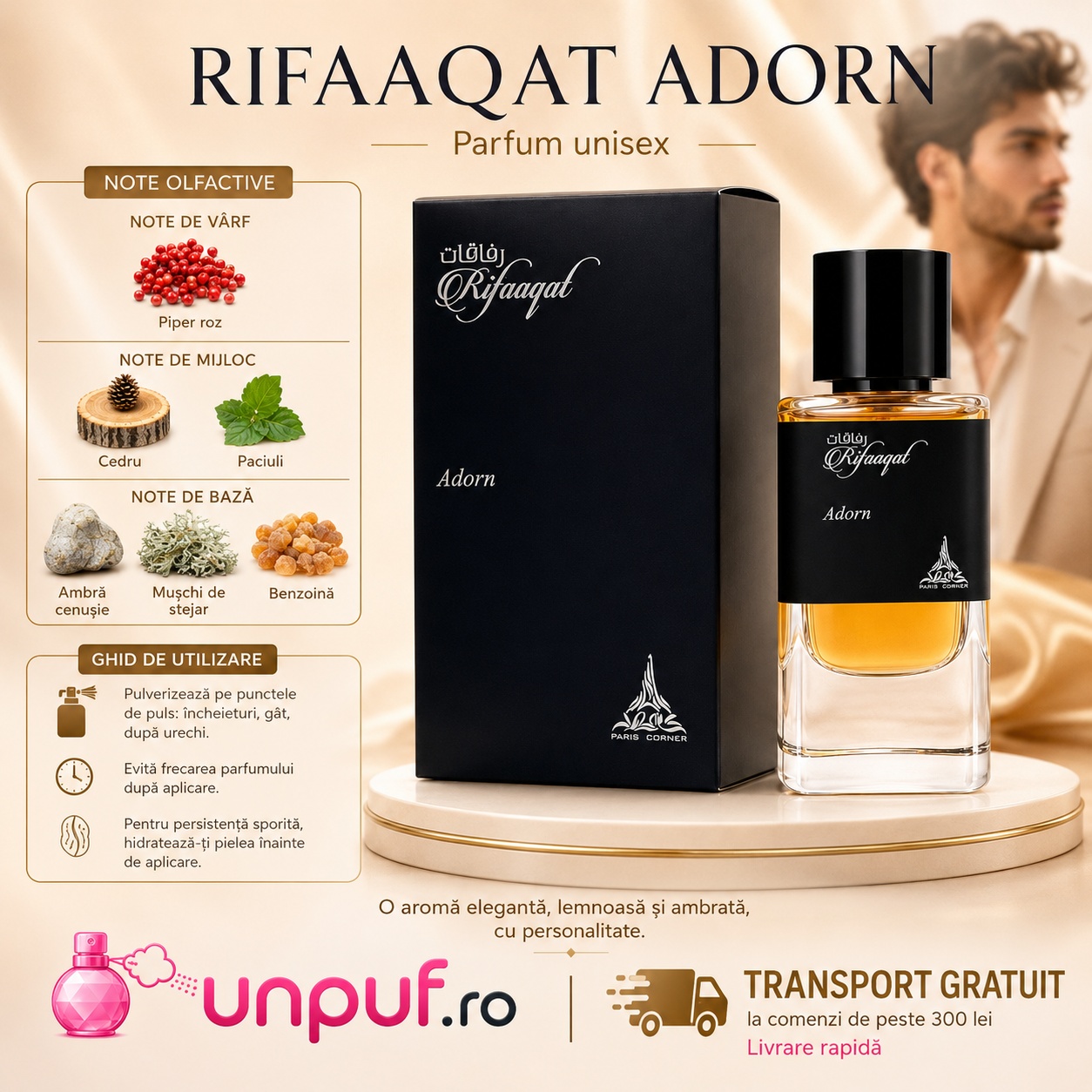 Rifaaqat Adorn Paris Corner ghid de utilizare note olfactive și prezentare premium