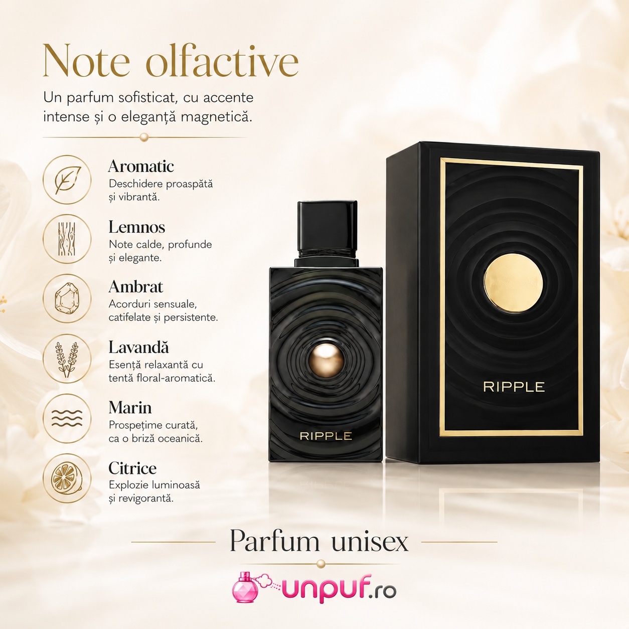 Note olfactive Ripple French Avenue parfum unisex aromatic lemnos ambrat cu lavandă, marin și citrice