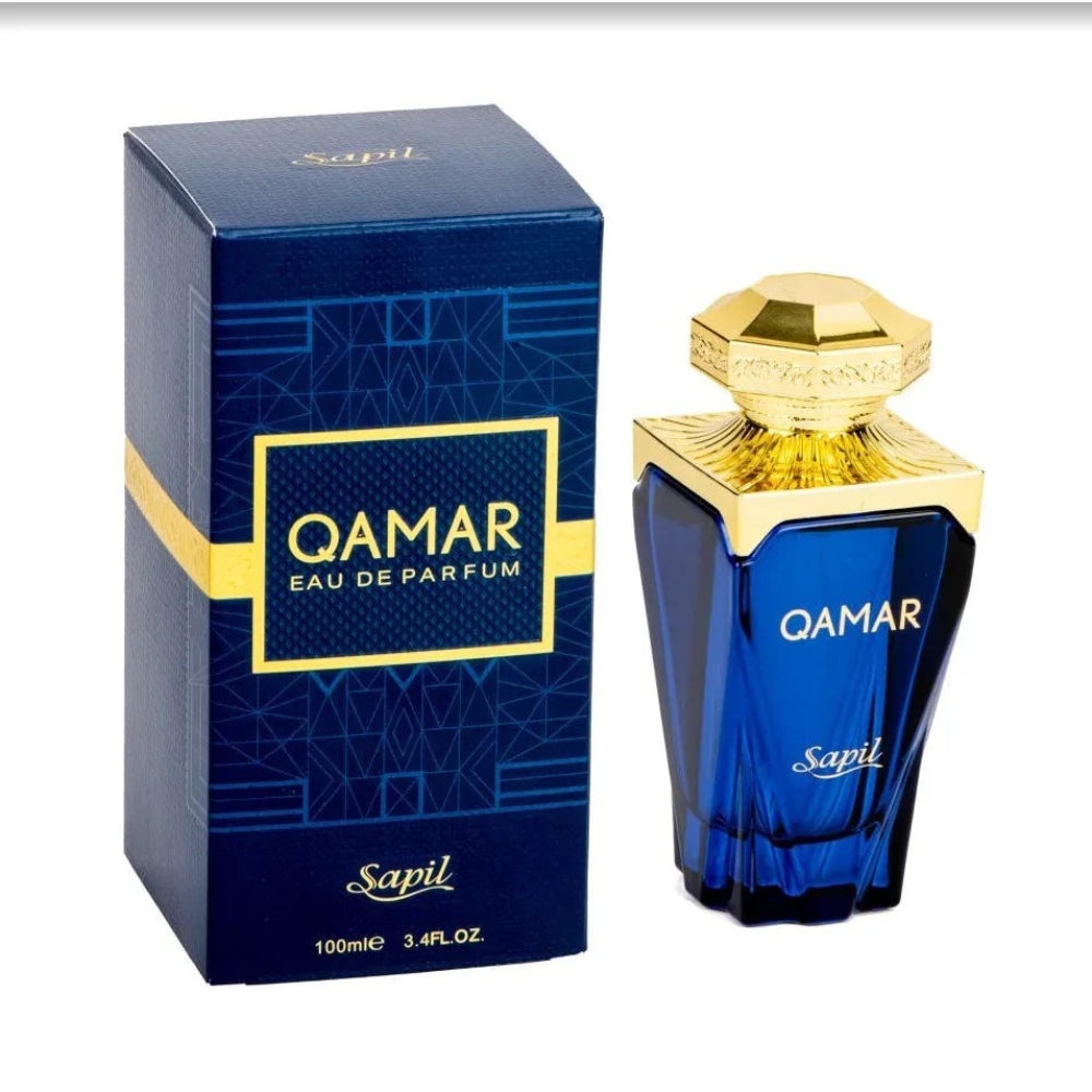 Parfum Sapil Qamar 100ml, sticlă și cutie pe fundal alb, parfum arabesc unisex