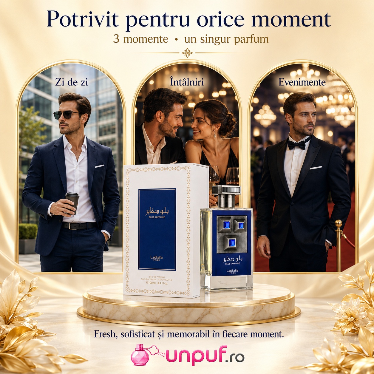 Parfum Sapphire Blue Lattafa Pride potrivit pentru zi de zi, &icirc;nt&acirc;lniri și evenimente elegante