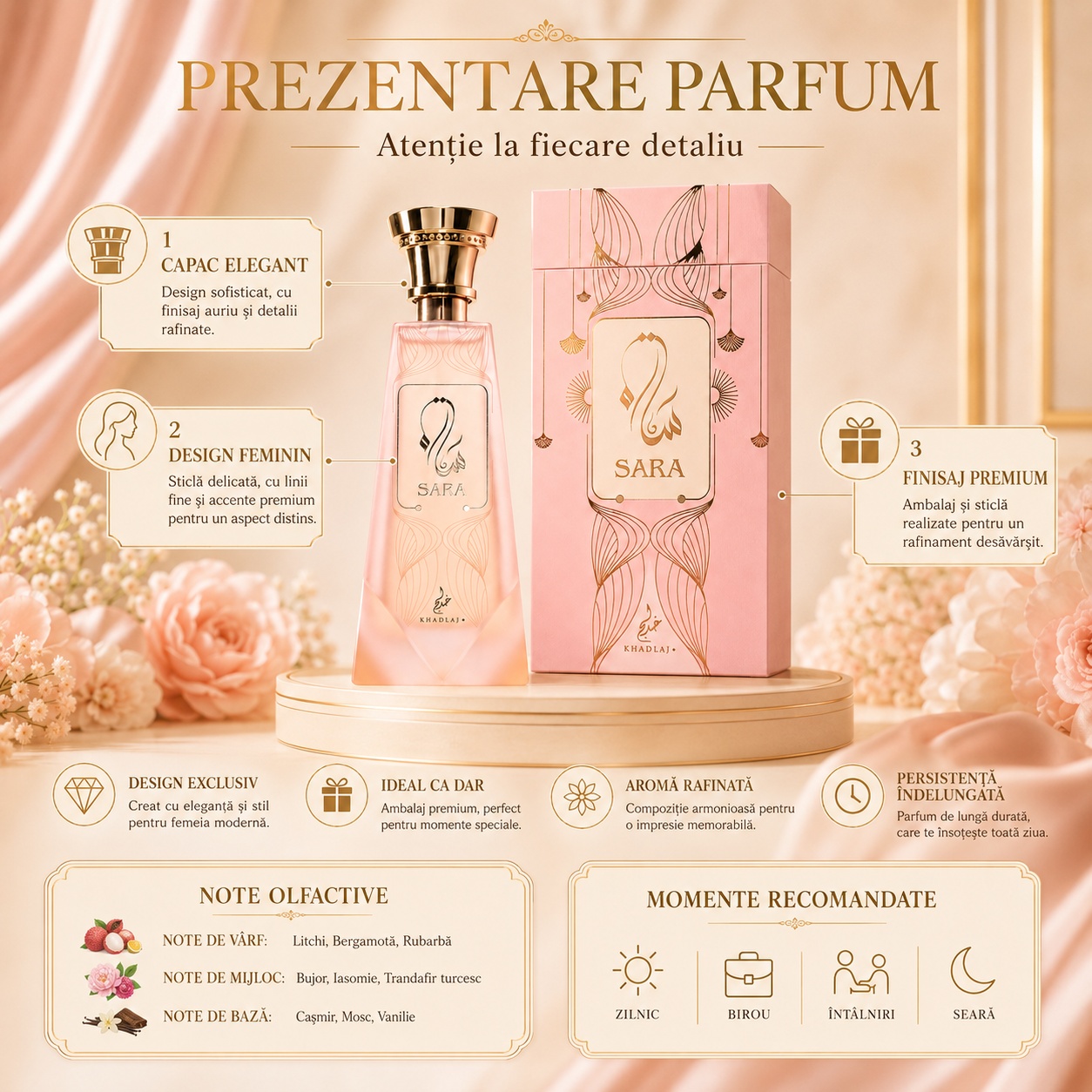 Prezentare parfum Sara Khadlaj cu flacon roz, cutie premium, note olfactive și detalii elegante