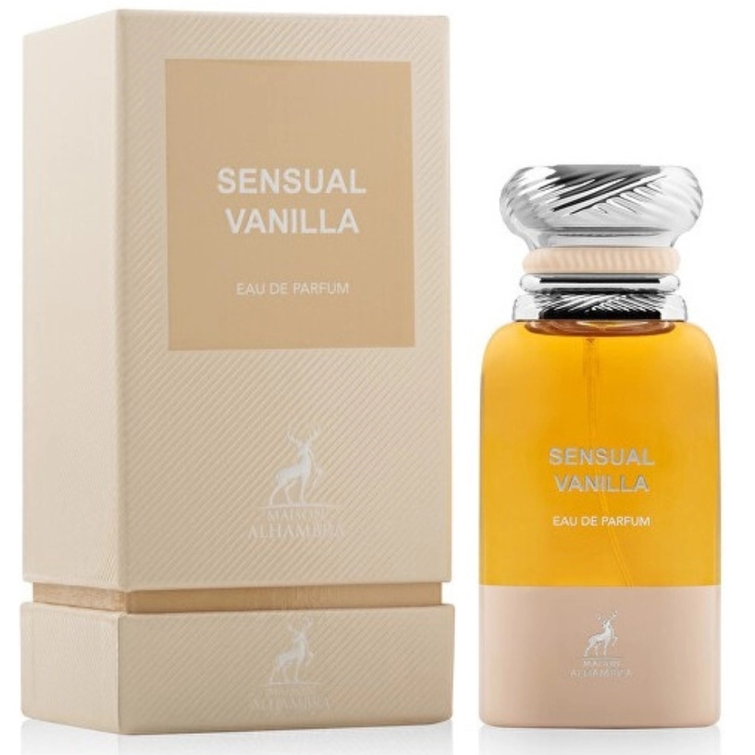 Sensual Vanilla Maison Alhambra 80 ml sticlă și cutie produs pe fundal alb