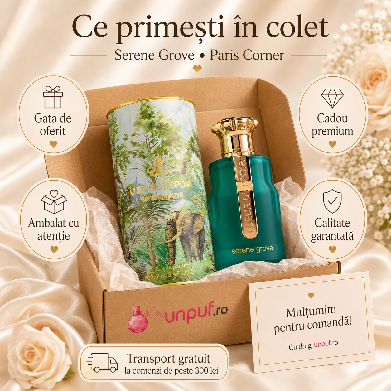 Ce primești &icirc;n colet Parfum Serene Grove Lueur D&rsquo;Espoir Emir 100 ml ambalat cu atenție gata de oferit cadou