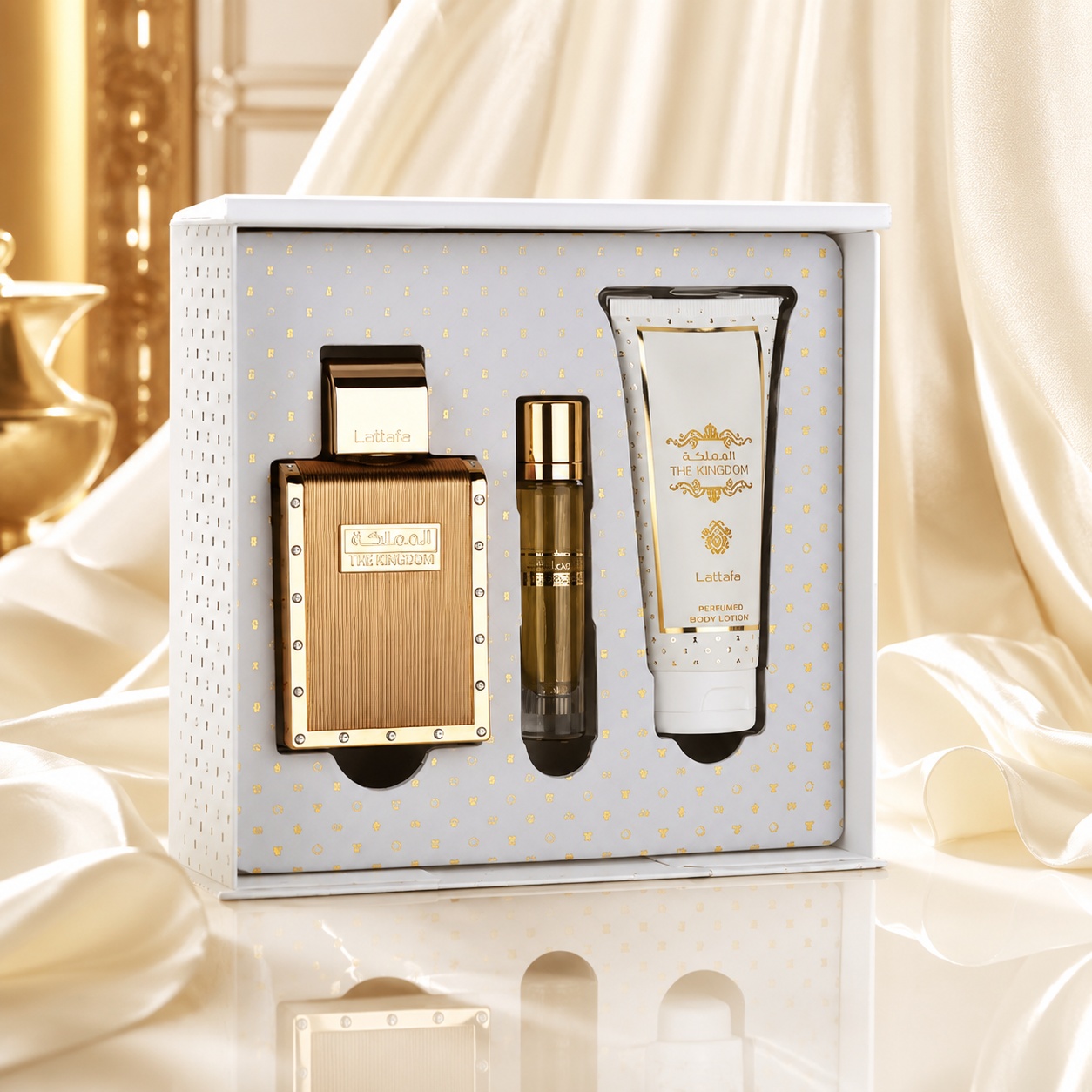 Parfum Set Lattafa Kingdom For Man pentru bărbați, set cadou premium cu parfum, travel spray și gel de duș