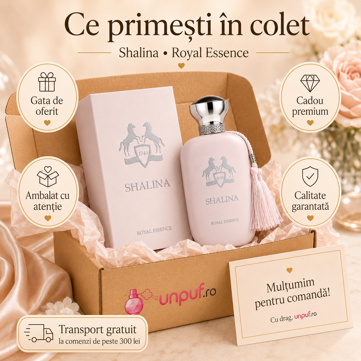 Ce primești &icirc;n colet Shalina Royal Essence parfum 100 ml ambalat cu atenție și pregătit pentru cadou
