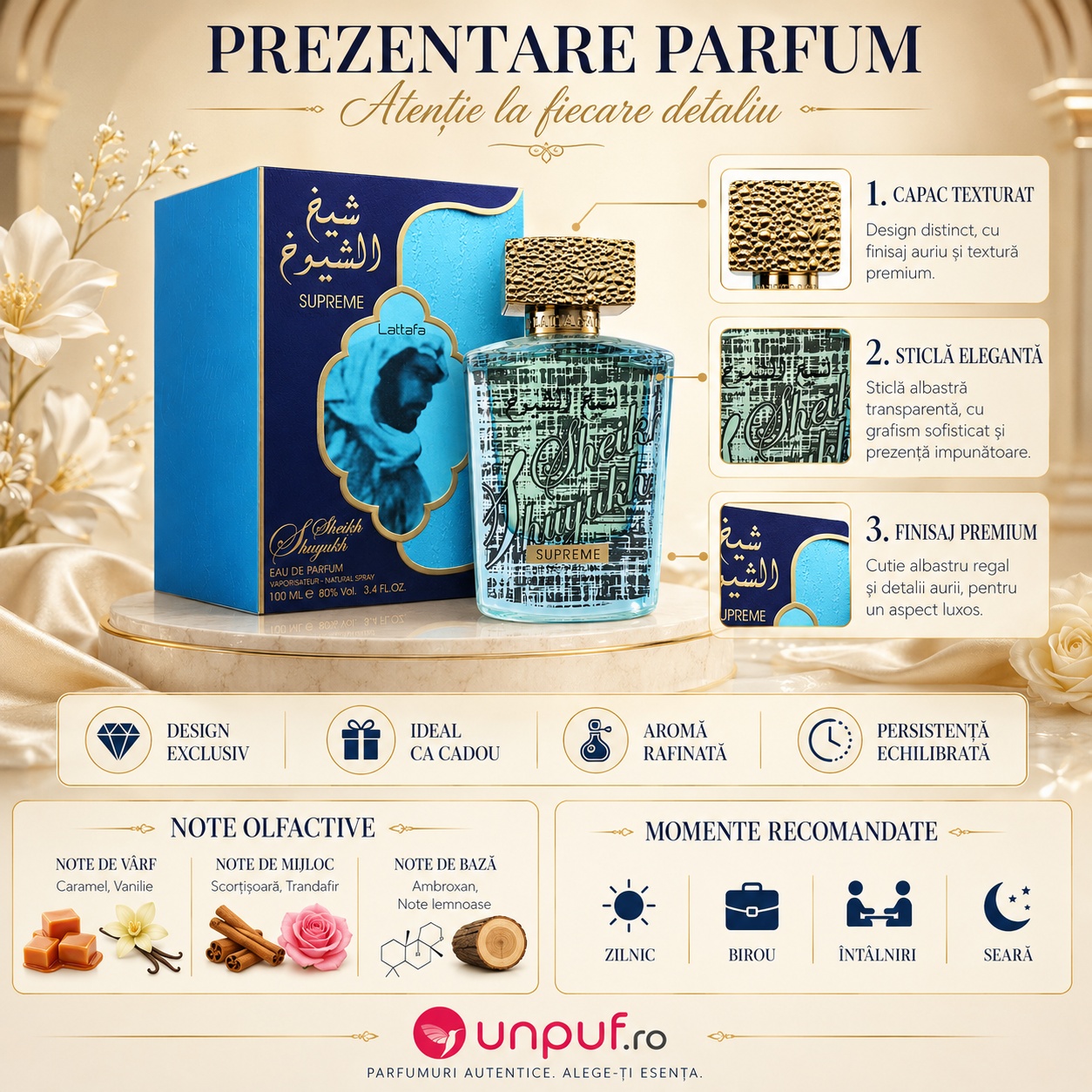 Prezentare parfum Sheikh Al Shuyukh Supreme Lattafa cu detalii flacon, cutie, note olfactive și momente recomandate