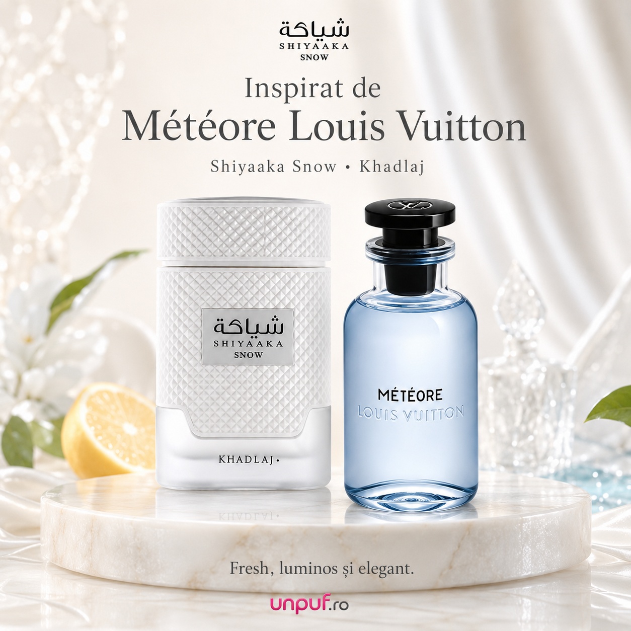 Shiyaaka Snow Khadlaj parfum inspirat din pagina produsului, aromă fresh, luminoasă și elegantă