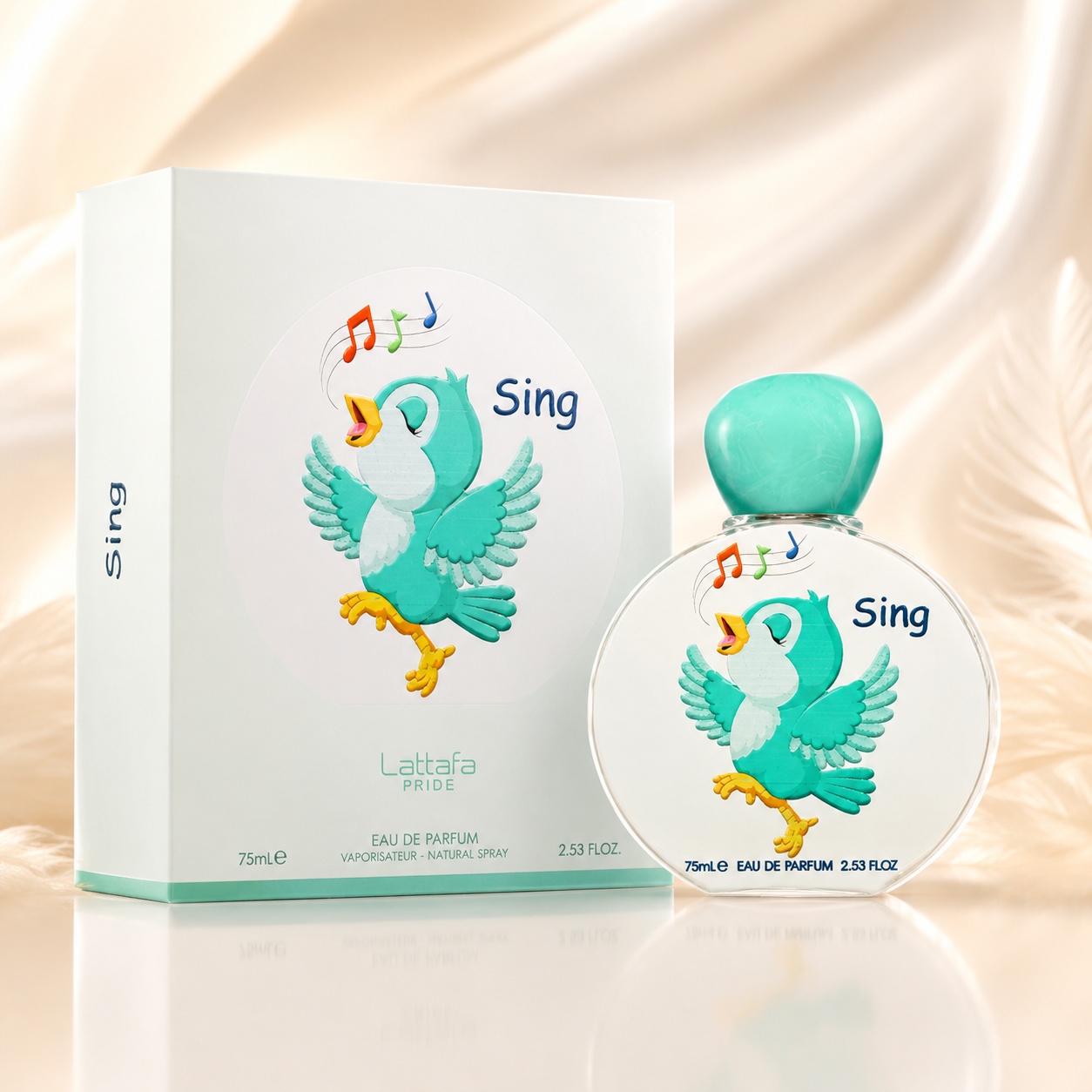 Parfum Arăbesc Sing Lattafa Pride 75 ml unisex cu flacon rotund, pasăre turcoaz c&acirc;ntătoare și cutie albă premium