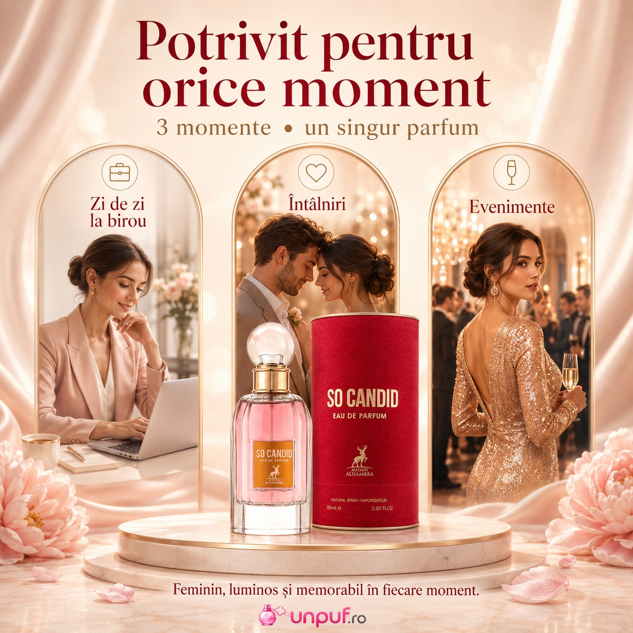Parfum So Candid Maison Alhambra potrivit pentru zi de zi la birou, &icirc;nt&acirc;lniri și evenimente elegante