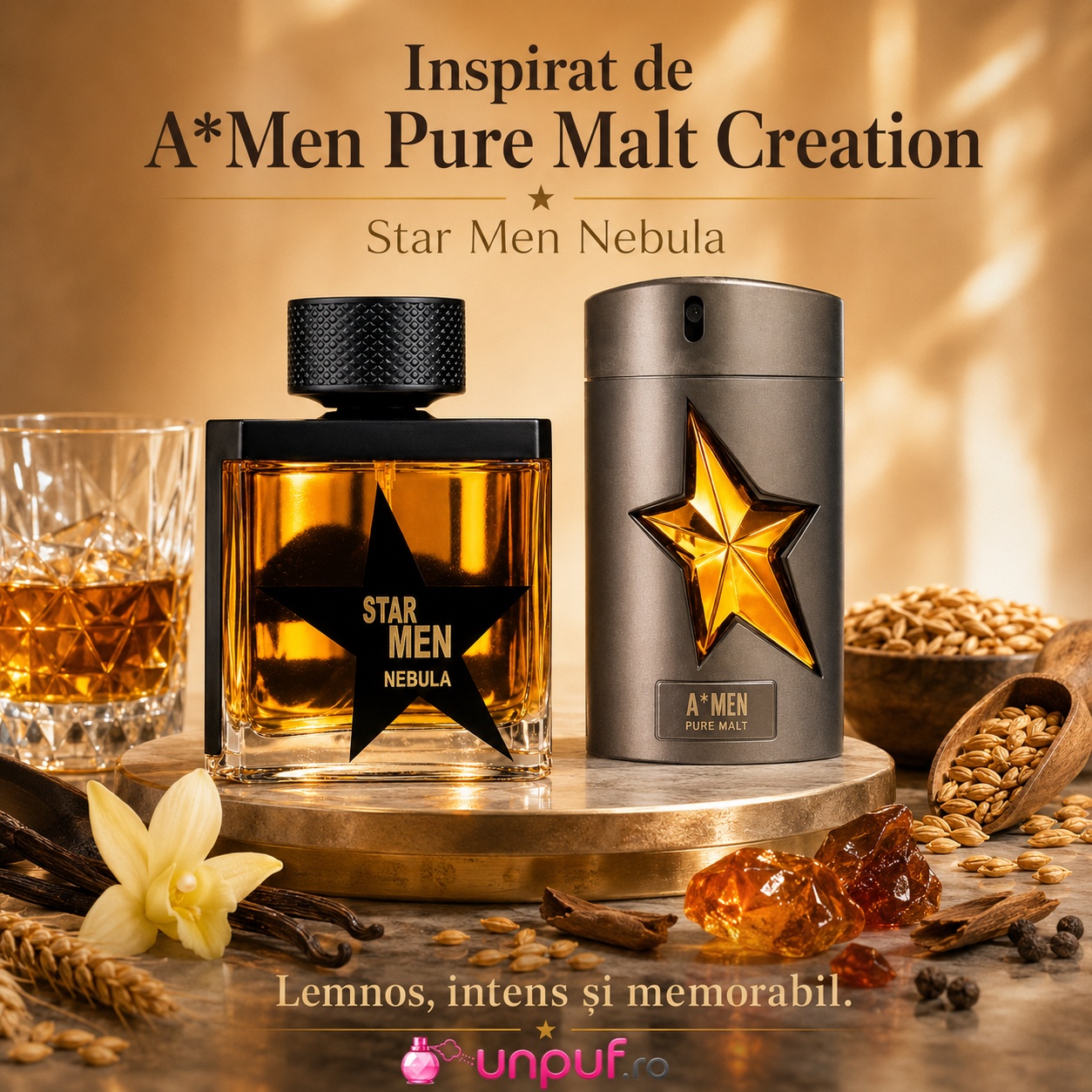 Star Men Nebula Fragrance World inspirat din A Men Pure Malt Creation parfum lemnos intens și memorabil