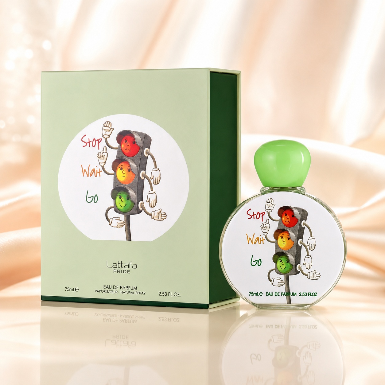 Parfum Arăbesc Stop Wait Go Lattafa Pride 75 ml unisex cu flacon rotund, capac verde și cutie premium verde deschis