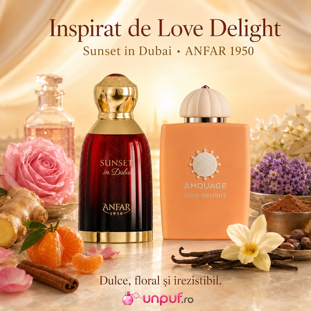 Sunset in Dubai inspirat de Love Delight, parfum dulce, floral și irezistibil