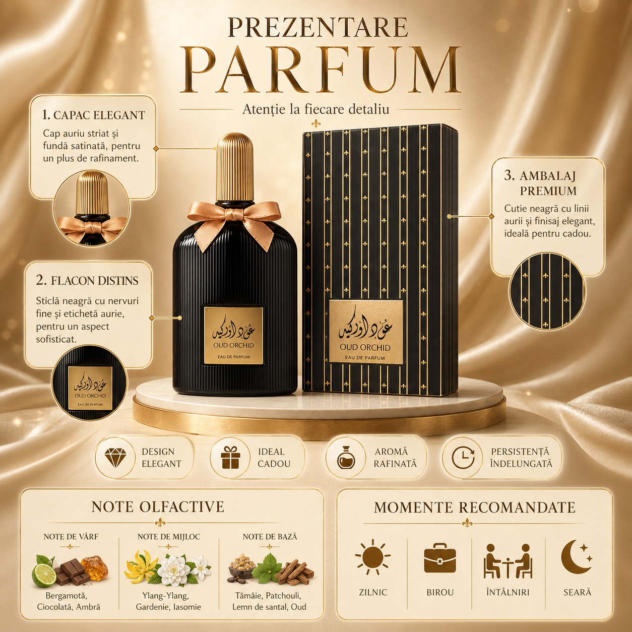 Prezentare parfum Suroori Oud Orchid cu flacon negru, capac auriu, fundă satinată, cutie premium și note olfactive