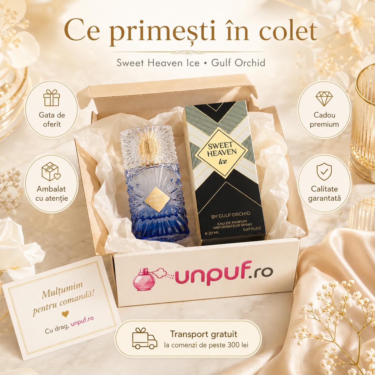 Ce primești în colet Sweet Heaven Ice Gulf Orchid 20 ml, produs sigilat, ambalare premium și transport gratuit peste 300 lei