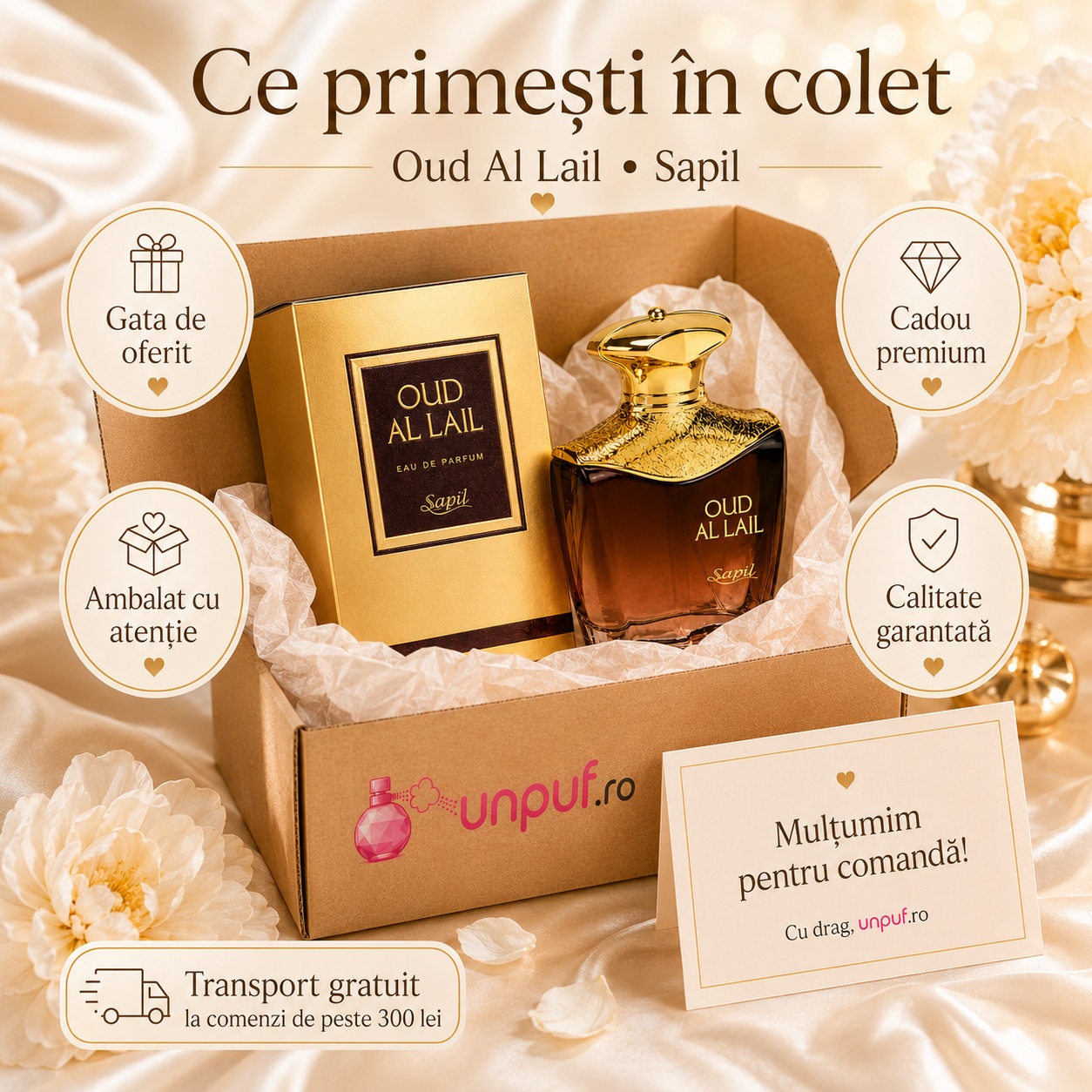 Ce primești în colet la Oud Al Lail Sapil, ambalaj premium, cadou elegant și calitate garantată