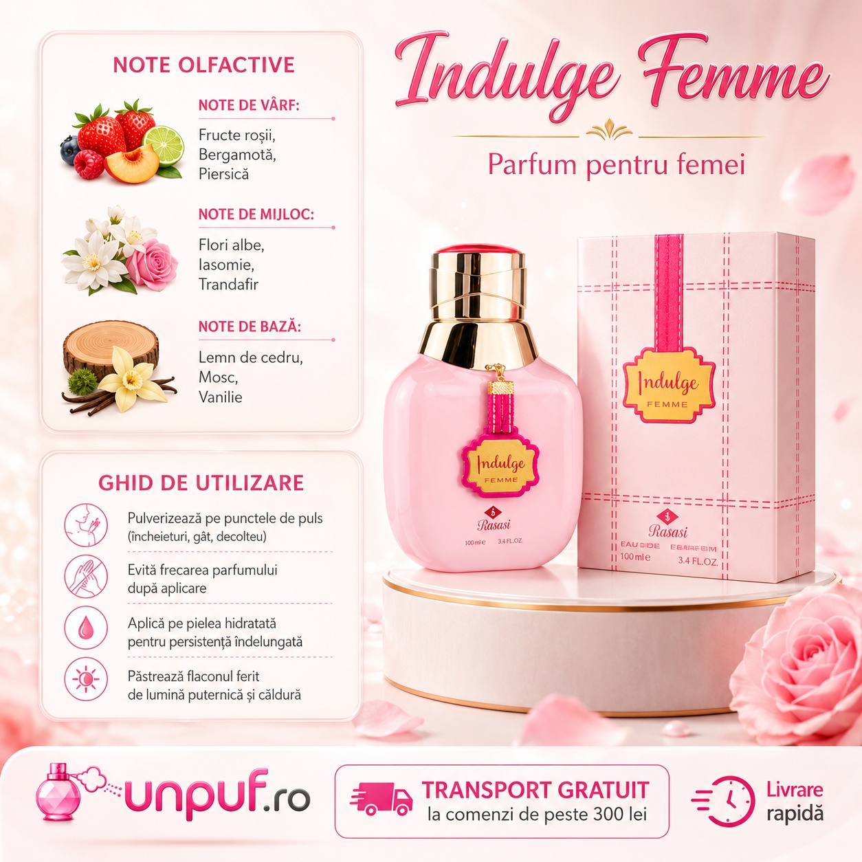 Tad Angel Indulge Femme note olfactive și ghid de utilizare cu fructe roșii, bergamotă, piersică, flori albe, iasomie, trandafir, cedru, mosc și vanilie