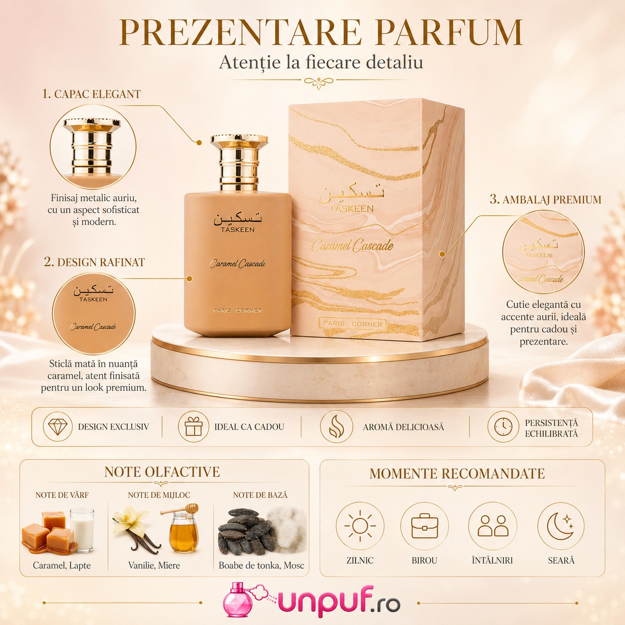Taskeen Caramel Cascade Paris Corner prezentare premium parfum unisex ideal pentru cadou