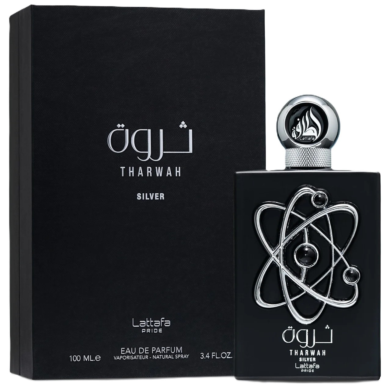 Tharwah Silver Lattafa Pride 100 ml sticlă și cutie produs pe fundal alb