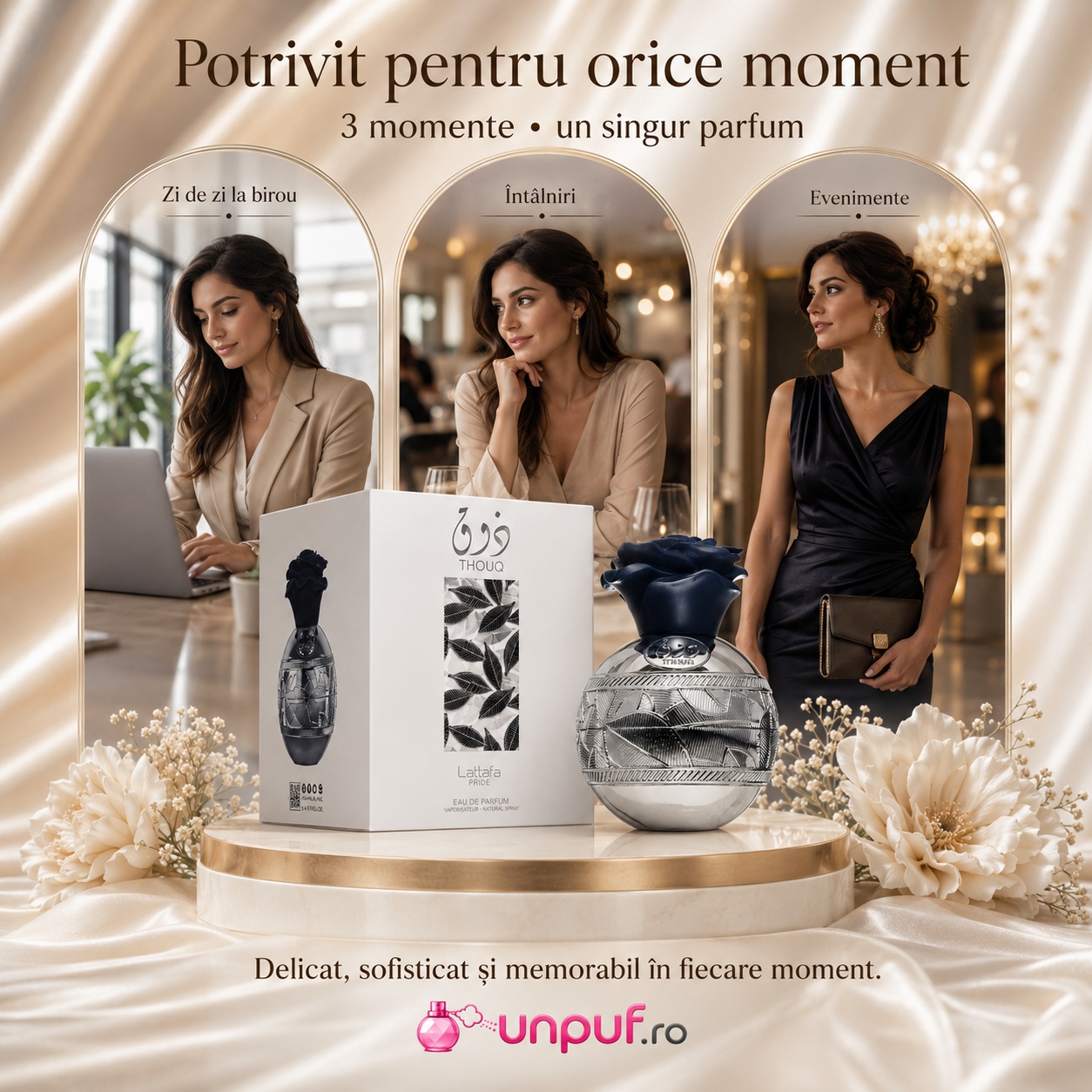 Parfum Thouq Lattafa Pride potrivit pentru zi de zi, birou, &icirc;nt&acirc;lniri și seară, aromă florală elegantă