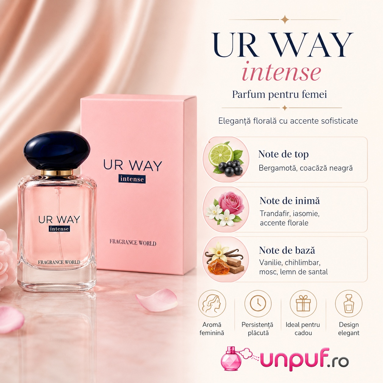 UR Way Intense Fragrance World parfum pentru femei cu note de bergamotă, coacăză neagră, trandafir, iasomie, vanilie, chihlimbar, mosc și lemn de santal