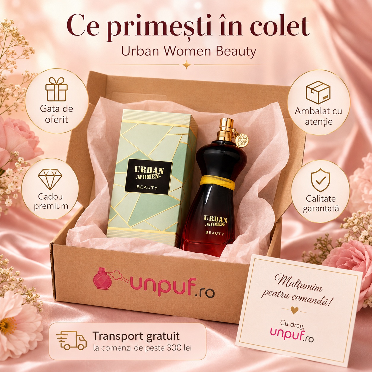 Ce primești &icirc;n colet Urban Women Beauty parfum 100 ml ambalat cu atenție și pregătit pentru cadou