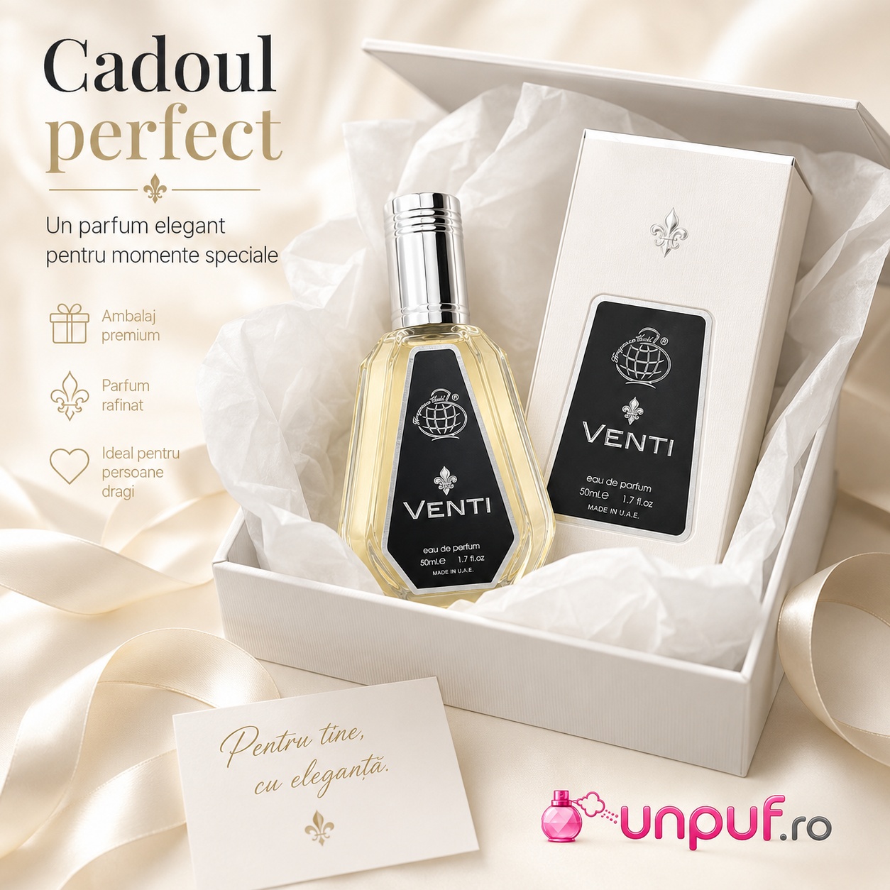 Ce primești &icirc;n colet Parfum Venti Fragrance World 50 ml ambalat premium pentru cadou