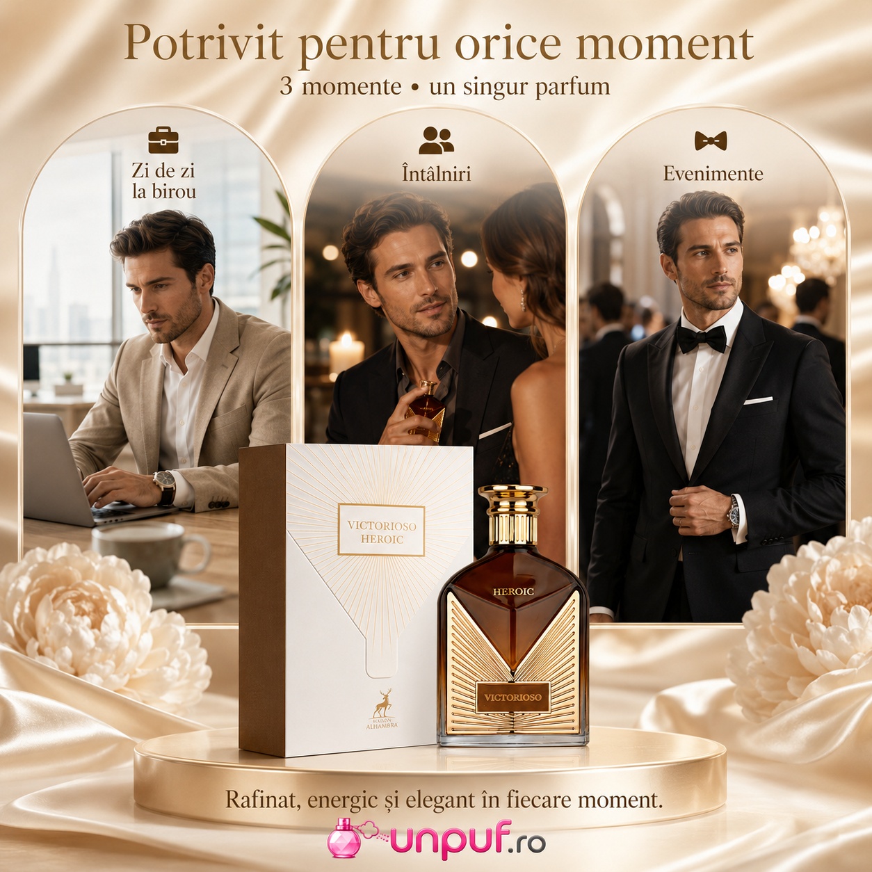 Parfum Victorioso Heroic Maison Alhambra potrivit pentru zi de zi la birou, &icirc;nt&acirc;lniri și evenimente elegante