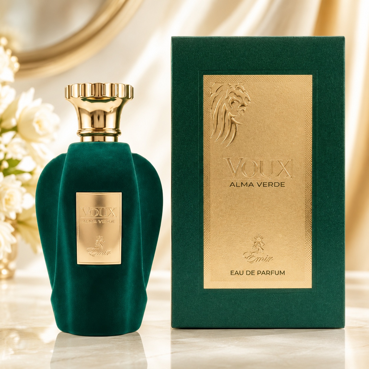Parfum Arăbesc Voux Alma Verde Emir 100 ml Apă de Parfum Unisex cu sticlă verde catifelată și cutie premium aurie