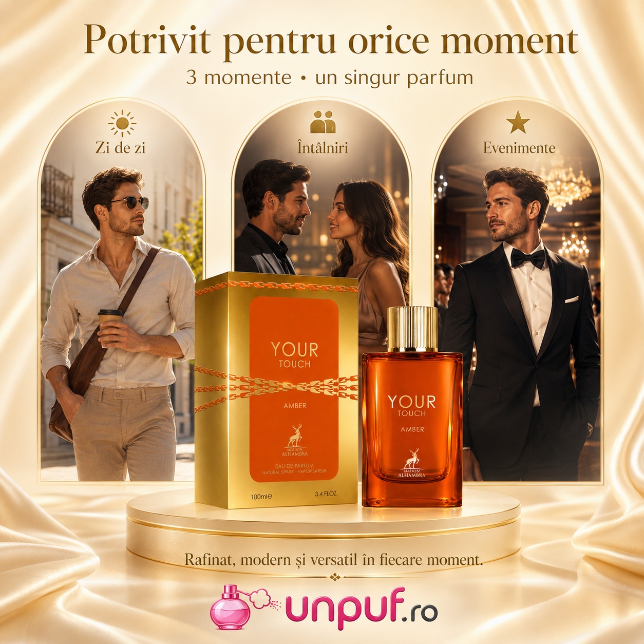 Parfum Your Touch Amber Maison Alhambra potrivit pentru zi de zi, &icirc;nt&acirc;lniri și evenimente elegante