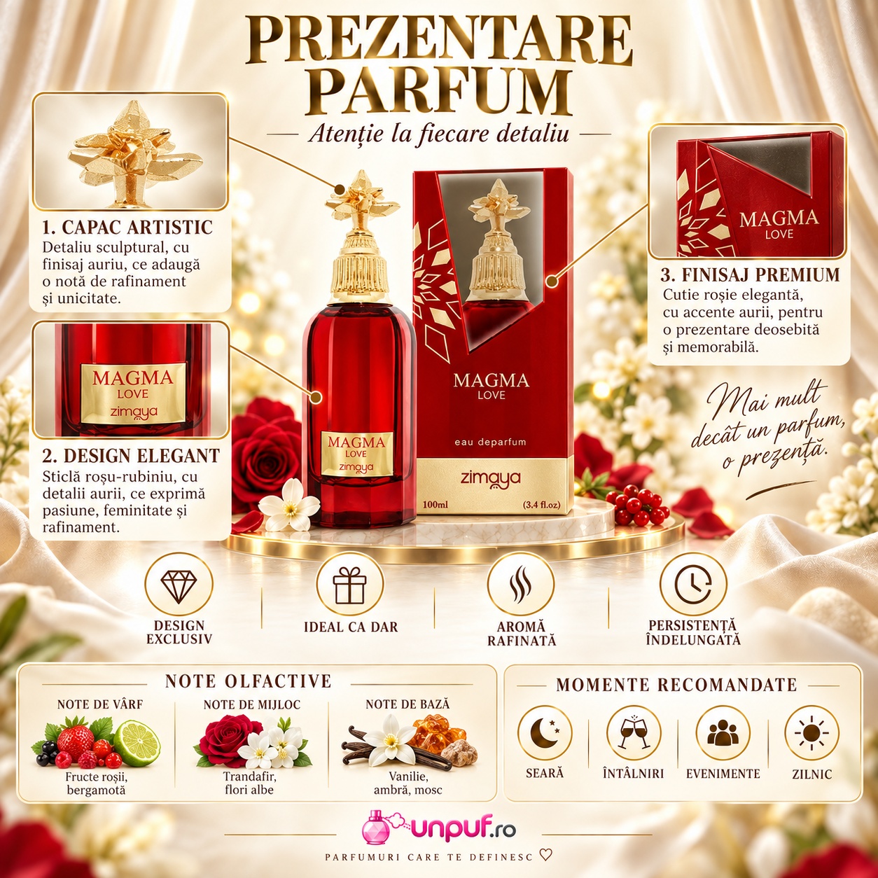 Prezentare parfum Zimaya Magma Love cu detalii despre capac, design elegant, finisaj premium, note olfactive și momente recomandate