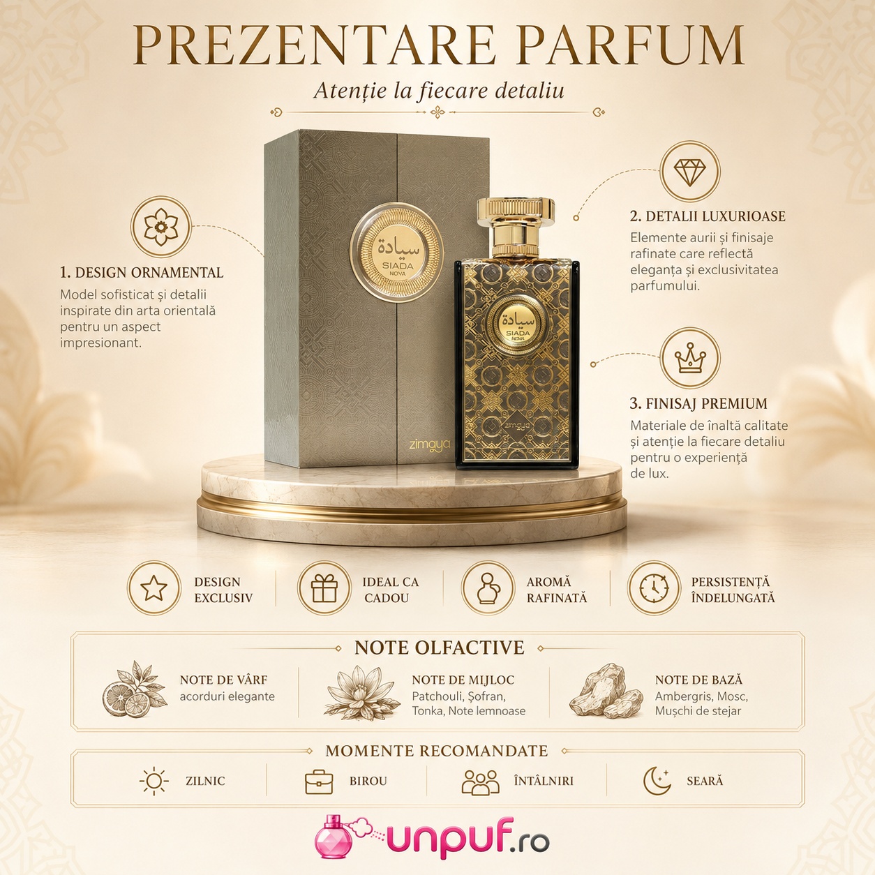 Prezentare parfum Zimaya Siada Nova cu note olfactive, design exclusiv și persistență îndelungată