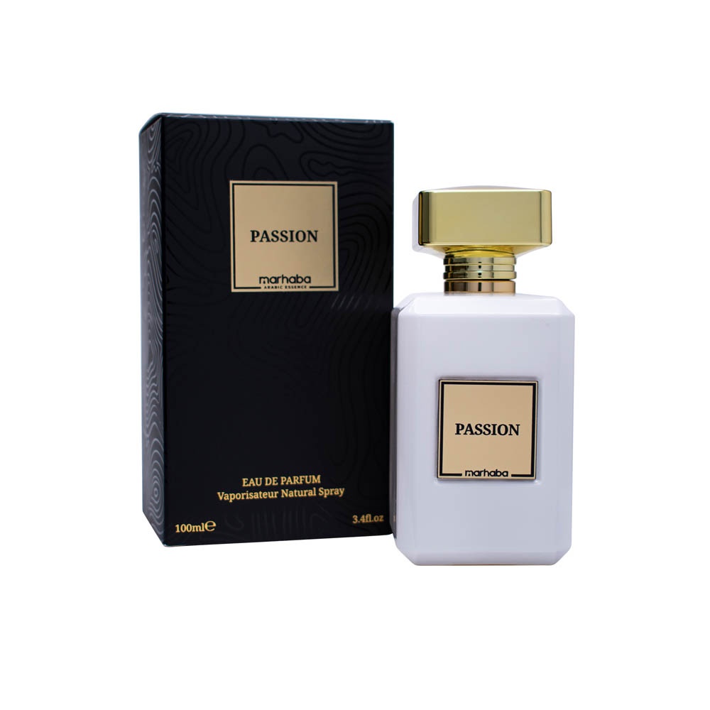 Passion Marhaba Eau de Parfum 100 ml sticlă albă și cutie neagră pe fundal alb