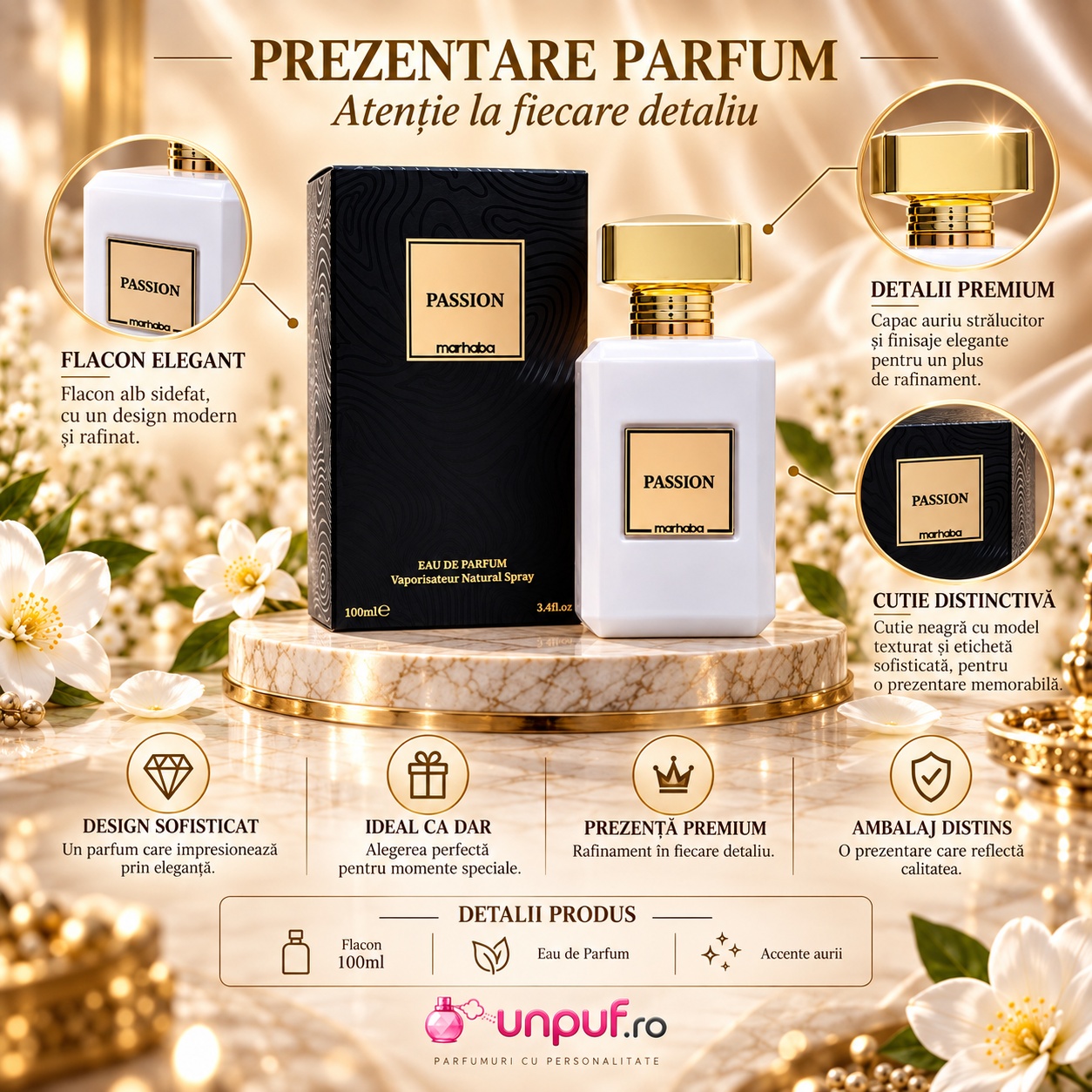 Passion Marhaba prezentare parfum cu detalii despre flacon capac cutie și design premium
