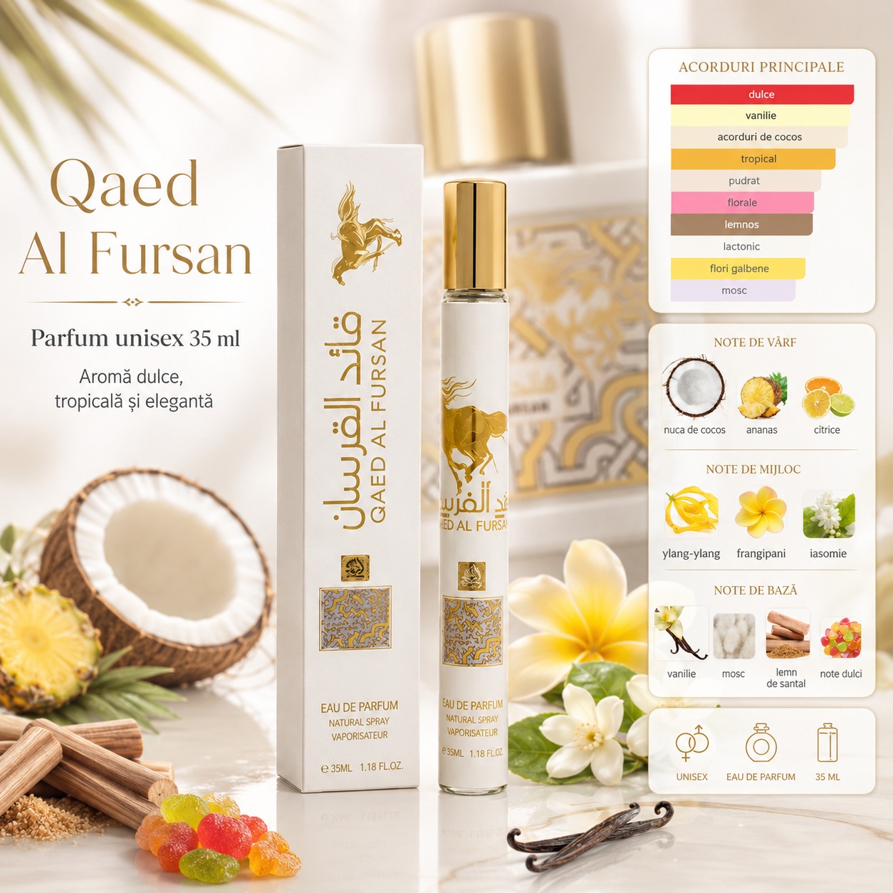 Qaed Al Fursan 35 ml unisex aromă dulce tropicală cu nucă de cocos ananas citrice vanilie mosc și lemn de santal