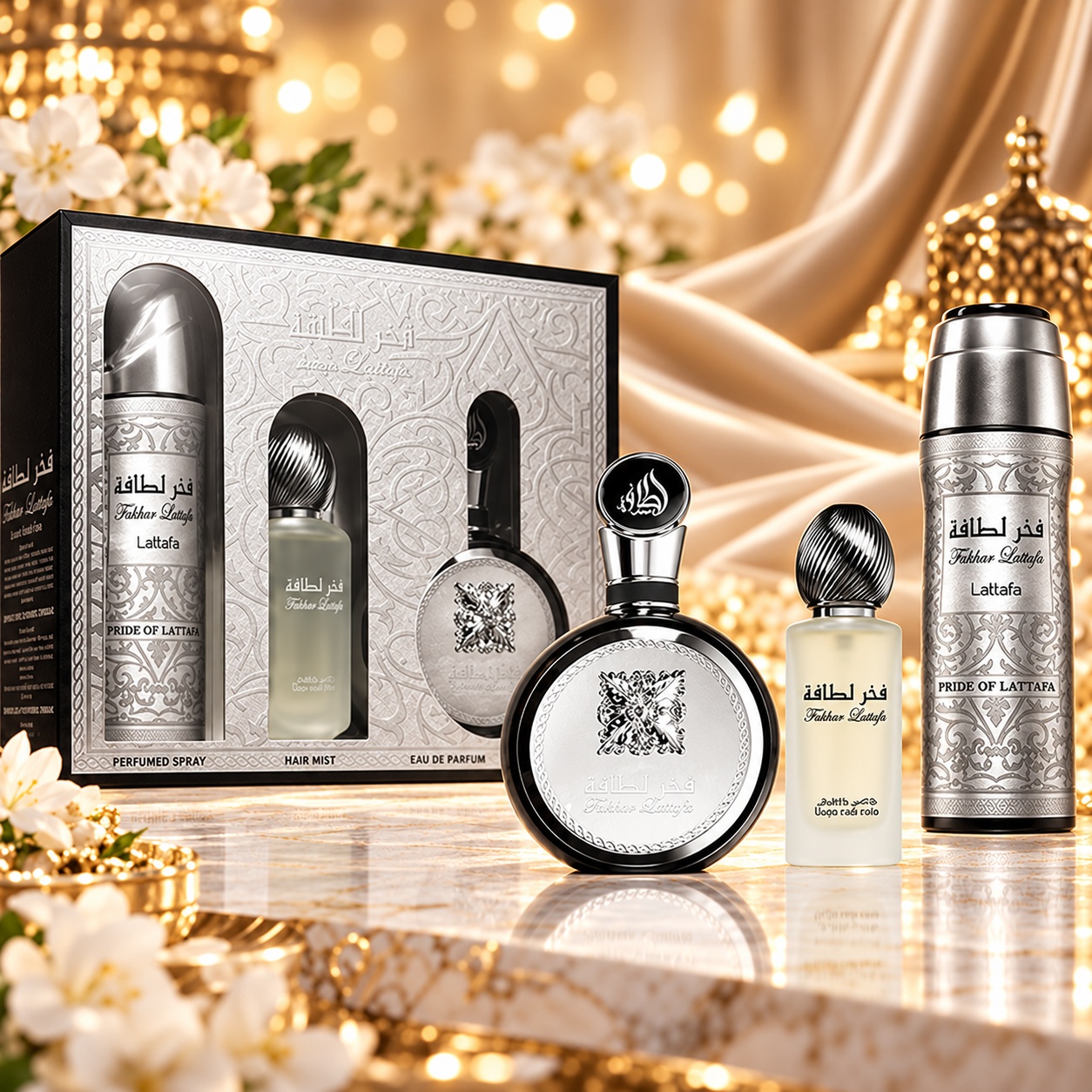 Lattafa Fakhar Man Gift Set, prezentare parfum argintiu si negru cu produse complementare si ambalaj cadou