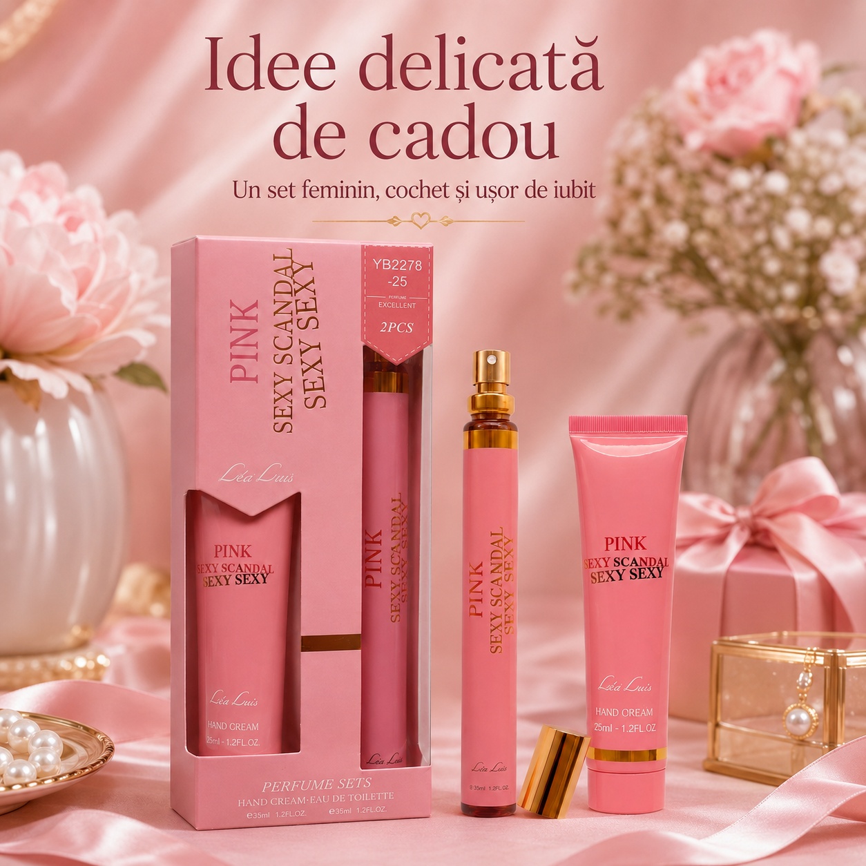 Set Pink Sexy Scandal Sexy Sexy idee delicată de cadou pentru damă, parfum și cremă de m&acirc;ini