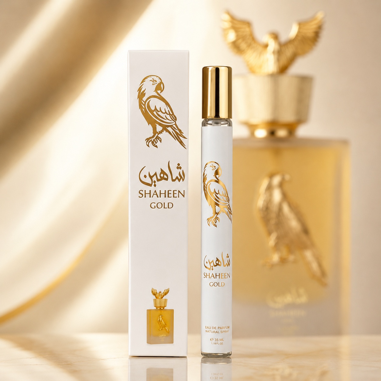 Parfum Shaheen Gold 35 ml bărbat, apă de parfum elegantă cu ambalaj alb și detalii aurii