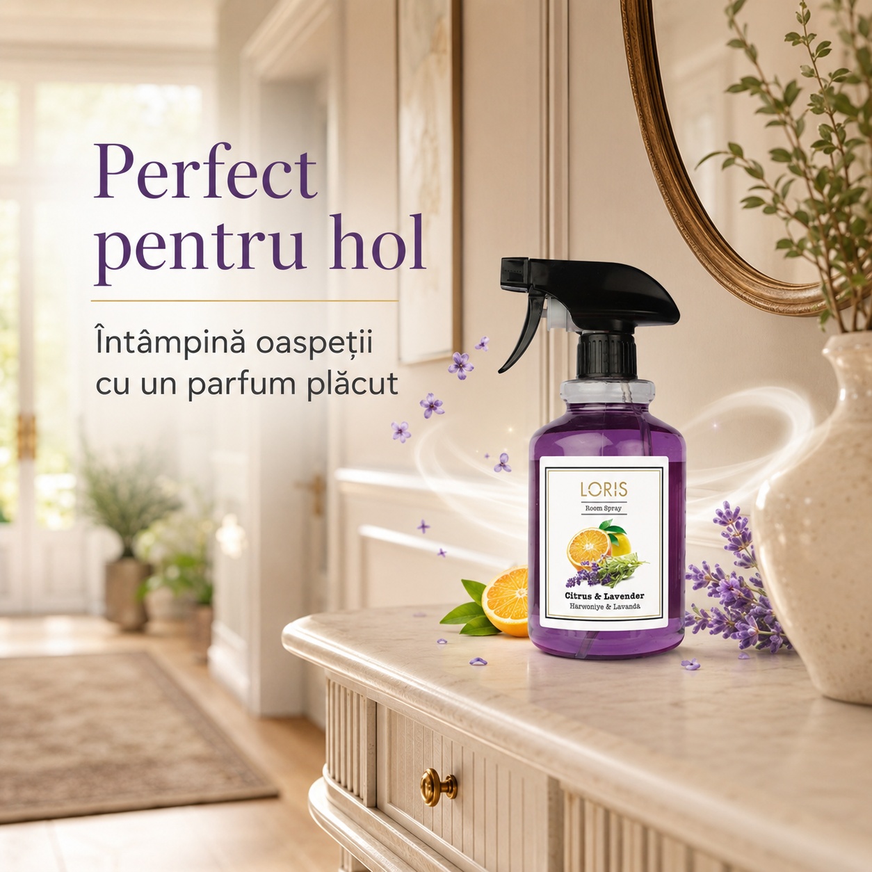 Spray Odorizant Loris Pafum Citrus & Lavander perfect pentru hol parfum plăcut pentru oaspeți