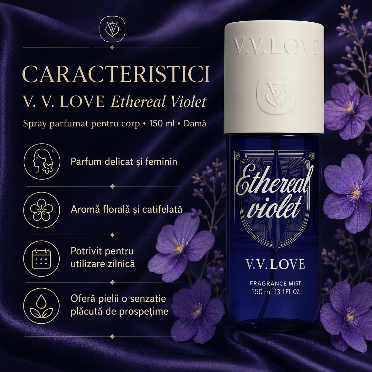 V.V. Love Ethereal Violet caracteristici spray parfumat pentru corp 150 ml damă