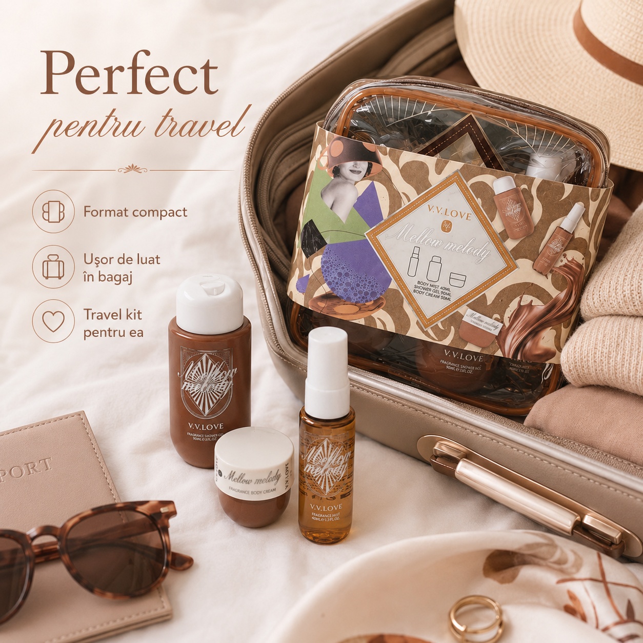 Travel Kit V.V. Love Mellow Melody perfect pentru travel format compact ușor de luat &icirc;n bagaj